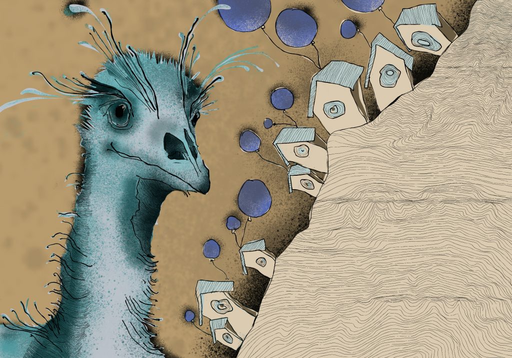 Fantastische Illustration eines Vogels, der sich in einer surrealen Landschaft mit schwebenden Häusern und Ballons befindet Illustration Eschwege Illustratorin Bettina Zimmermann TinaZett Kunst Werra-Meissner-Kreis Eschwege Zeichnung Zeichner Eschwege Illustration Werra-Meißner Buchillustration