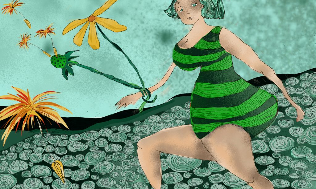 Frau in gestreiftem Badeanzug, umgeben von riesigen Blüten, die Samen verteile Illustration Eschwege Illustratorin Bettina Zimmermann TinaZett Kunst Werra-Meissner-Kreis Eschwege Zeichnung Zeichner Eschwege Illustration Werra-Meißner Buchillustration