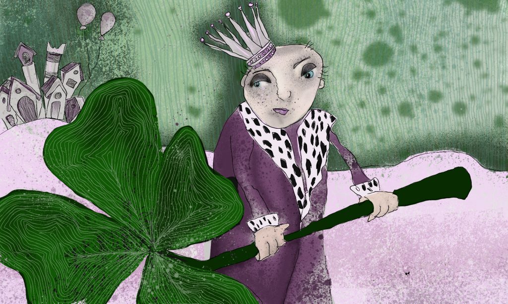 Illustration eines kleinen Königs mit überdimensionalem Kleeblatt in einer surrealen Landschaft Illustration Eschwege Illustratorin Bettina Zimmermann TinaZett Kunst Werra-Meissner-Kreis Eschwege Zeichnung Zeichner Eschwege Illustration Werra-Meißner Buchillustration