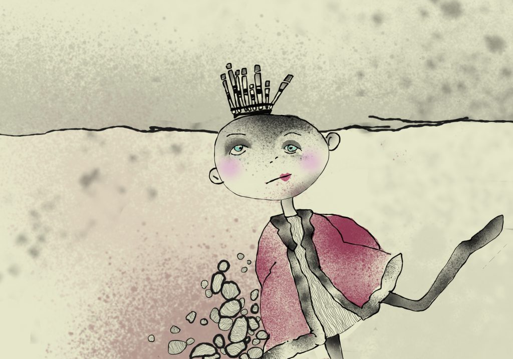 Kindliche Figur mit Krone aus Stiften, die einsam auf einem steinigen Boden sitzt Illustration Eschwege Illustratorin Bettina Zimmermann TinaZett Kunst Werra-Meissner-Kreis Eschwege Zeichnung Zeichner Eschwege Illustration Werra-Meißner Buchillustration