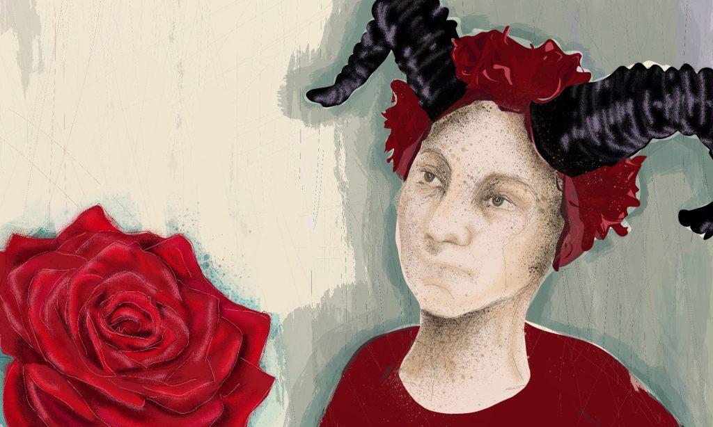 Nachdenkliche Frau mit Hörnern, die eine Dornenkrone trägt, neben einer großen Rose Illustration Eschwege Illustratorin Bettina Zimmermann TinaZett Kunst Werra-Meissner-Kreis Eschwege Zeichnung Zeichner Eschwege Illustration Werra-Meißner Buchillustration