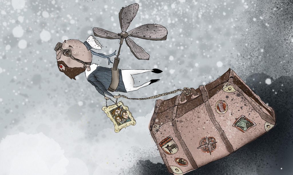 Illustration Eschwege Illustration Bettina Zimmermann Illustratorin TinaZett Kunst Eschwege Zeichnung Zeichner Eschwege Illustration Werra-Meißner Buchillustration Buch Bettina Zimmermann Kinderbuch Abenteuer Traumhafte Reisen Surreale Reise zum Südpol Fantasievolle Kinderbuchgeschichte Illustrierte Geschichten für Kinder Magische Erzählungen Fantasie Liebe Sehnsucht Freundschaft Träume Fliegende Abenteuer Magischer Koffer Luftreise Skurrile Flugmaschine Reise in die Fantasie Gepäck voller Träume