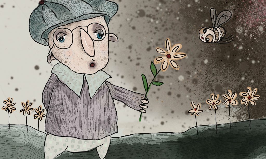 Illustration Eschwege Illustration Bettina Zimmermann Illustratorin TinaZett Kunst Eschwege Zeichnung Zeichner Eschwege Illustration Werra-Meißner Buchillustration Buch Bettina Zimmermann Kinderbuch Abenteuer Traumhafte Reisen Surreale Reise zum Südpol Fantasievolle Kinderbuchgeschichte Illustrierte Geschichten für Kinder Magische Erzählungen Fantasie Liebe Sehnsucht Freundschaft Träume Naturillustration Skurrile Figur in der Natur Blumen und Bienen Märchenhafte Naturwelt Gespräch mit der Biene