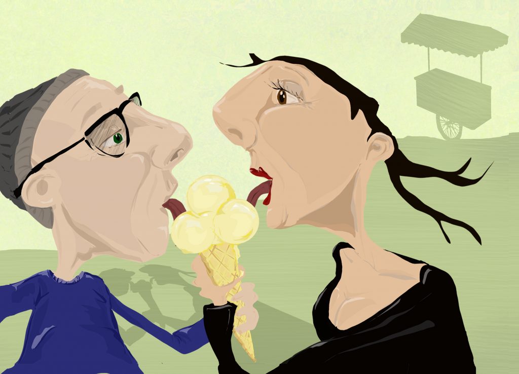 Zwei Figuren teilen sich ein Eis. Illustration Eschwege Illustratorin Bettina Zimmermann TinaZett Kunst Werra-Meissner-Kreis Eschwege Zeichnung Zeichner Eschwege Illustration Werra-Meißner Buchillustration