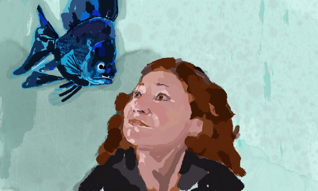 Eine Frau betrachtet einen blauen Fisch, der über ihr schwebt. Illustration Eschwege Illustratorin Bettina Zimmermann TinaZett Kunst Werra-Meissner-Kreis Eschwege Zeichnung Zeichner Eschwege Illustration Werra-Meißner Buchillustration