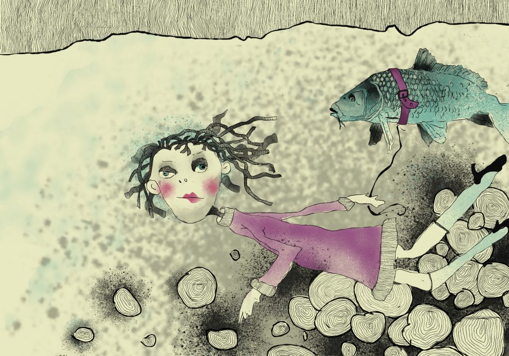 Mädchen mit Dreadlocks, das im Wasser treibt, begleitet von einem Fisch Illustration Eschwege Illustratorin Bettina Zimmermann TinaZett Kunst Werra-Meissner-Kreis Eschwege Zeichnung Zeichner Eschwege Illustration Werra-Meißner Buchillustration