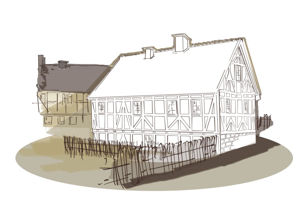 Heimatverein Neu-Eichenberg Audioguide Geschichtlicher Rundgang Wanderung Architektur Historische Gebäude Deutsche Fachwerkhäuser Kulturlandschaft Zeitgeschichte Historische Touren Kugelmann Illustration Eschwege Illustration Bettina Zimmermann Illustratorin TinaZett Kunst Eschwege Zeichnung Zeichner Eschwege Illustration Werra-Meißner Buchillustration Architektur