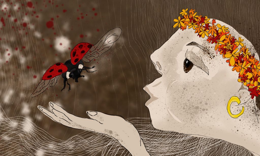 Frau mit Blumenkranz, die einen Marienkäfer beobachtet Illustration Eschwege Illustratorin Bettina Zimmermann TinaZett Kunst Werra-Meissner-Kreis Eschwege Zeichnung Zeichner Eschwege Illustration Werra-Meißner Buchillustration