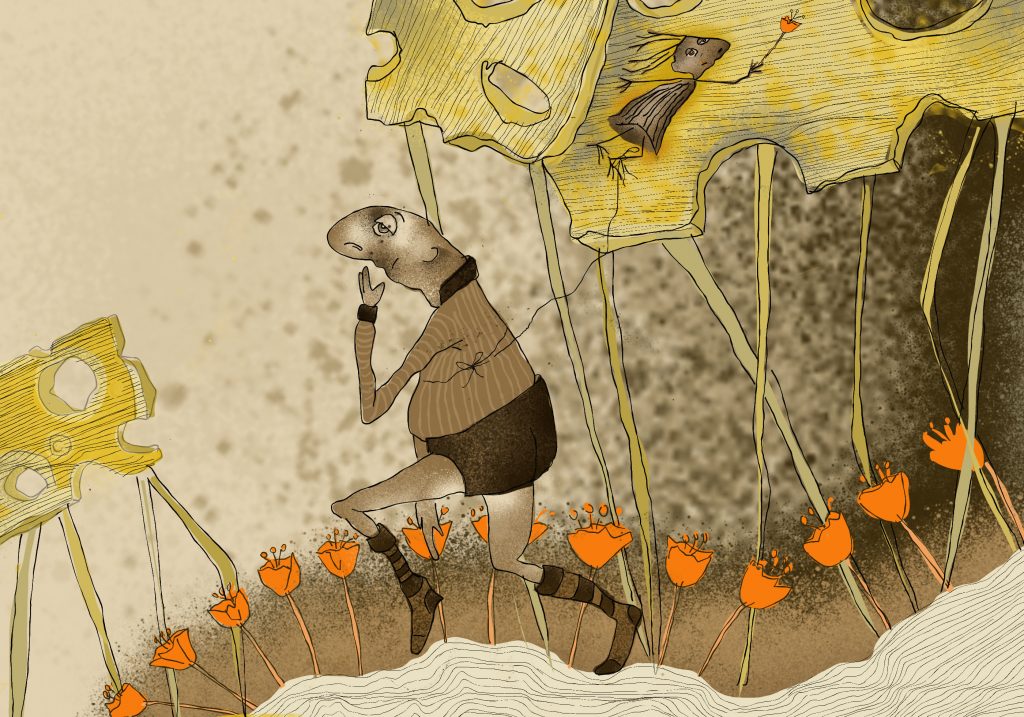 Figur, die zwischen gigantischen Käsescheiben und Blumen geht Illustration Eschwege Illustratorin Bettina Zimmermann TinaZett Kunst Werra-Meissner-Kreis Eschwege Zeichnung Zeichner Eschwege Illustration Werra-Meißner Buchillustration