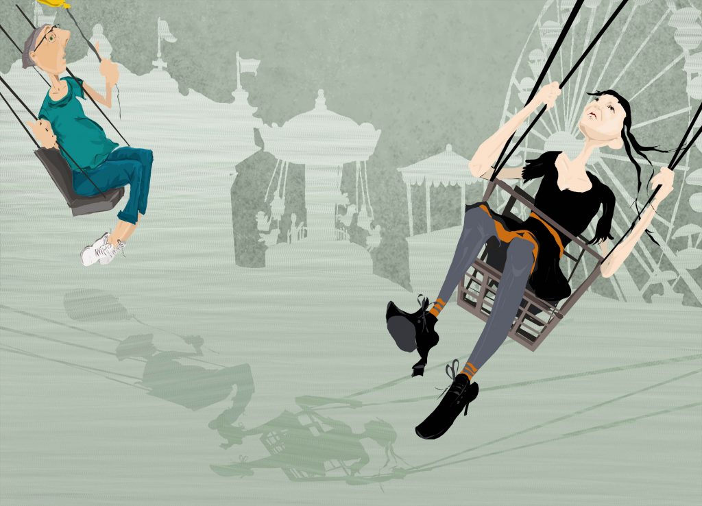 Zwei Figuren auf einem Kettenkarussell. Illustration Eschwege Illustratorin Bettina Zimmermann TinaZett Kunst Werra-Meissner-Kreis Eschwege Zeichnung Zeichner Eschwege Illustration Werra-Meißner Buchillustration