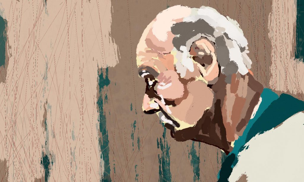 Ein älterer Mann blickt nachdenklich zur Seite, Linien durchziehen den Hintergrund. Illustration Eschwege Illustratorin Bettina Zimmermann TinaZett Kunst Werra-Meissner-Kreis Eschwege Zeichnung Zeichner Eschwege Illustration Werra-Meißner Buchillustration