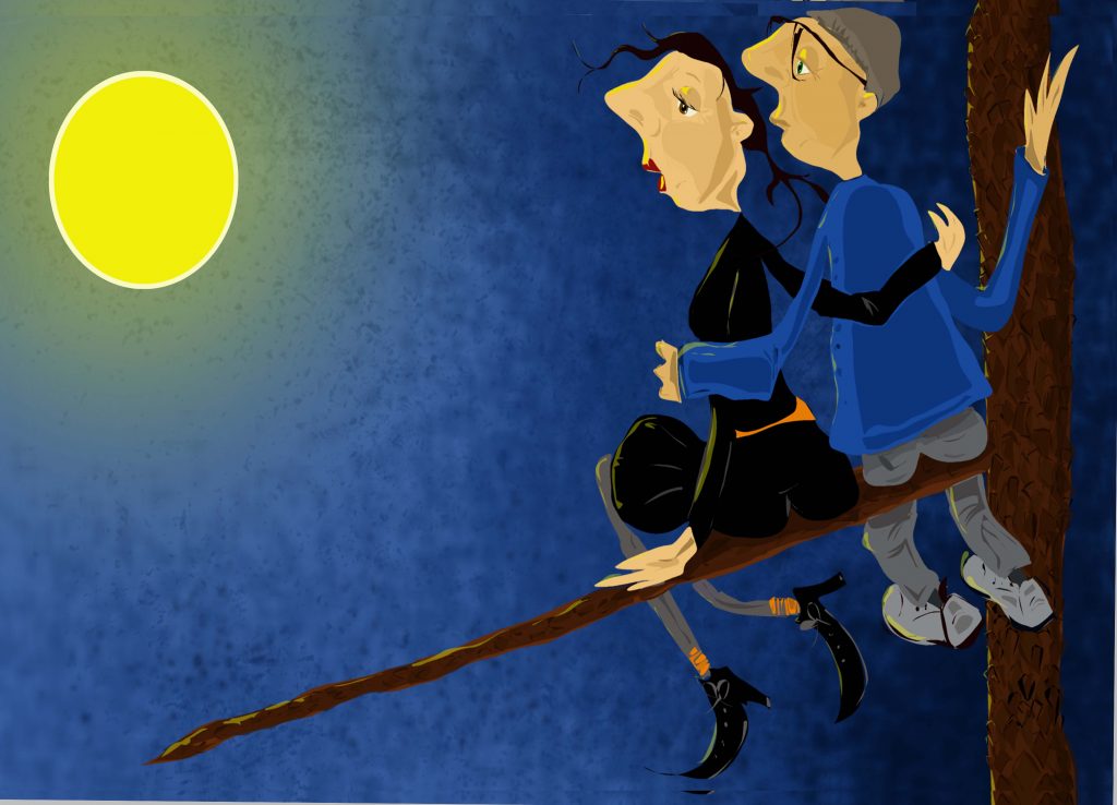Zwei Figuren sitzen auf einem Ast unter dem Mond. Illustration Eschwege Illustratorin Bettina Zimmermann TinaZett Kunst Werra-Meissner-Kreis Eschwege Zeichnung Zeichner Eschwege Illustration Werra-Meißner Buchillustration