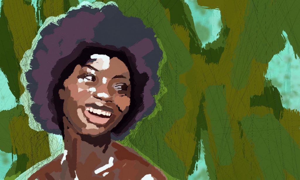 Eine lachende Frau mit Afrofrisur vor einem abstrakten, grünen Hintergrund. Illustration Eschwege Illustratorin Bettina Zimmermann TinaZett Kunst Werra-Meissner-Kreis Eschwege Zeichnung Zeichner Eschwege Illustration Werra-Meißner Buchillustration