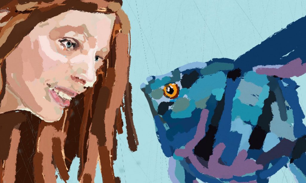 Eine Frau und ein blauer Fisch stehen sich in einem stillen Moment gegenüber. Illustration Eschwege Illustratorin Bettina Zimmermann TinaZett Kunst Werra-Meissner-Kreis Eschwege Zeichnung Zeichner Eschwege Illustration Werra-Meißner Buchillustration