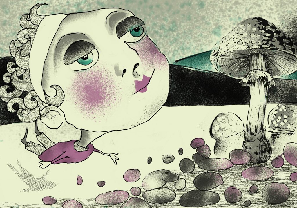 „Kindliche Figur in einer surrealen Landschaft neben riesigen Pilzen“ Illustration Eschwege Illustratorin Bettina Zimmermann TinaZett Kunst Werra-Meissner-Kreis Eschwege Zeichnung Zeichner Eschwege Illustration Werra-Meißner Buchillustration