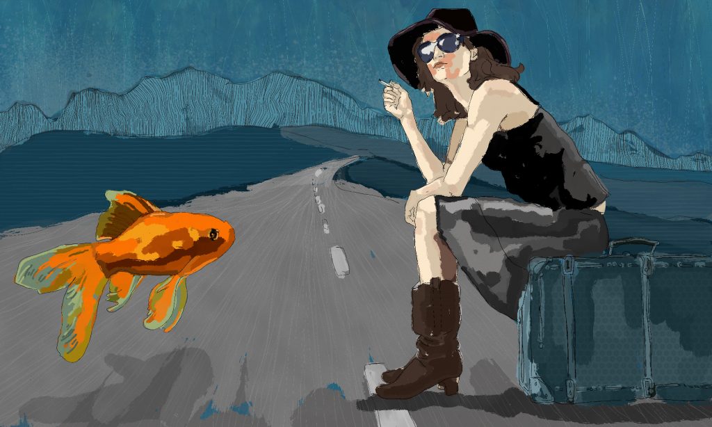 Eine Frau sitzt mit einem Koffer am Straßenrand, während ein goldener Fisch surreal auf der Straße schwimmt. Illustration Eschwege Illustratorin Bettina Zimmermann TinaZett Kunst Werra-Meissner-Kreis Eschwege Zeichnung Zeichner Eschwege Illustration Werra-Meißner Buchillustration