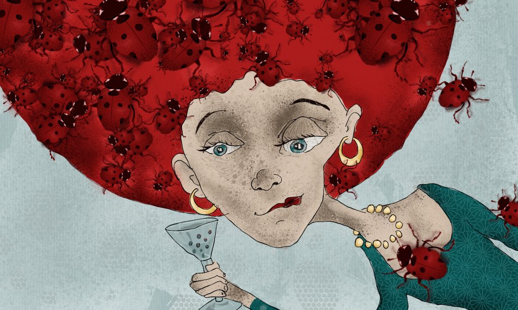 Rothaarige Frau mit Marienkäfern im Haar, die ein Glas hält Illustration Eschwege Illustratorin Bettina Zimmermann TinaZett Kunst Werra-Meissner-Kreis Eschwege Zeichnung Zeichner Eschwege Illustration Werra-Meißner Buchillustration